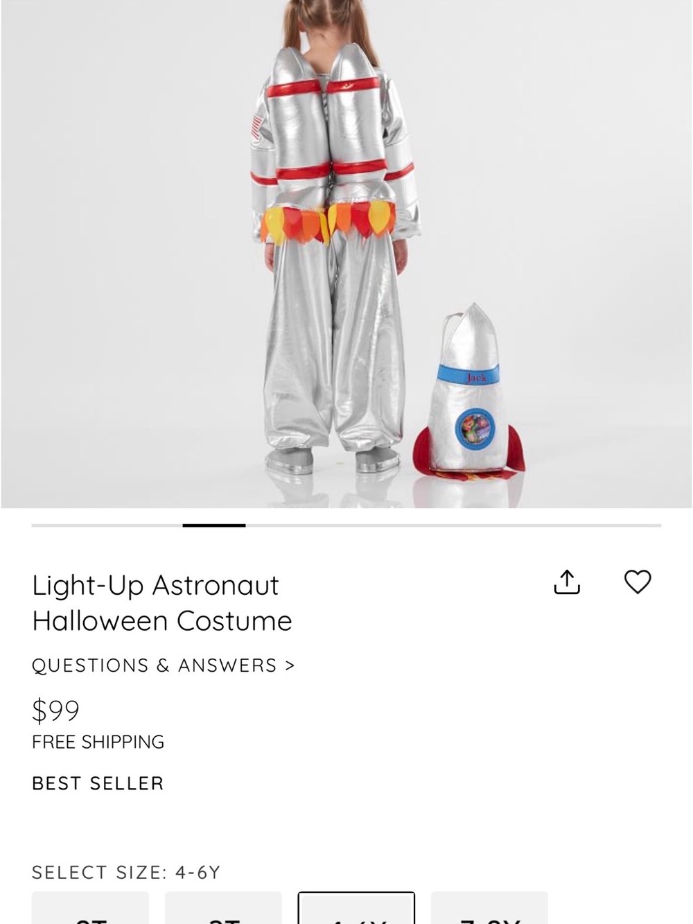 Pottery Barn Kids Silver Astronaut Costume with Red and Yellow Flame Accents